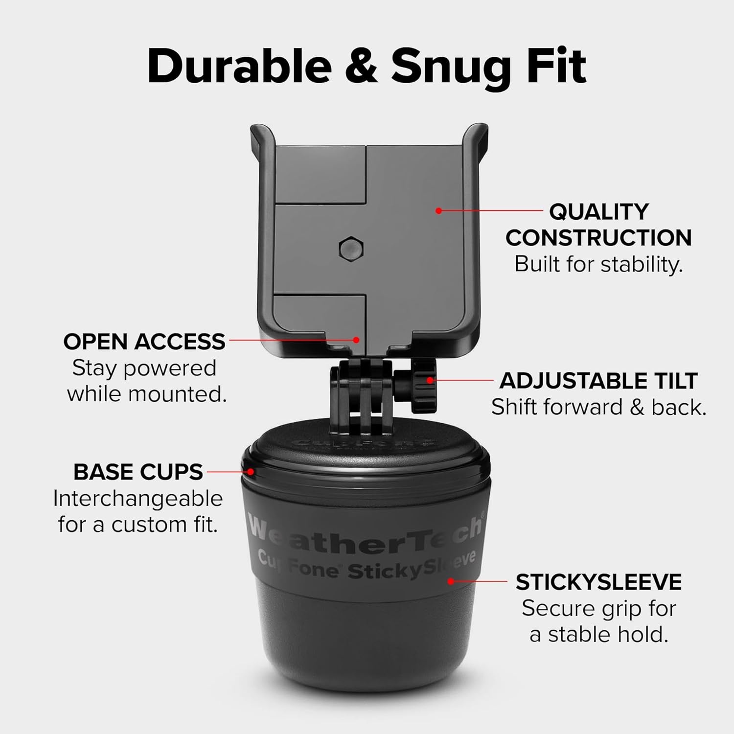 image:imageWeatherTech CupFone Universal Cup Holder Phone Mount for Cars Adjustable amp Secure Fit with Open Access for Charging Compatible with iPhone Android BlackRed Billet Knobs
