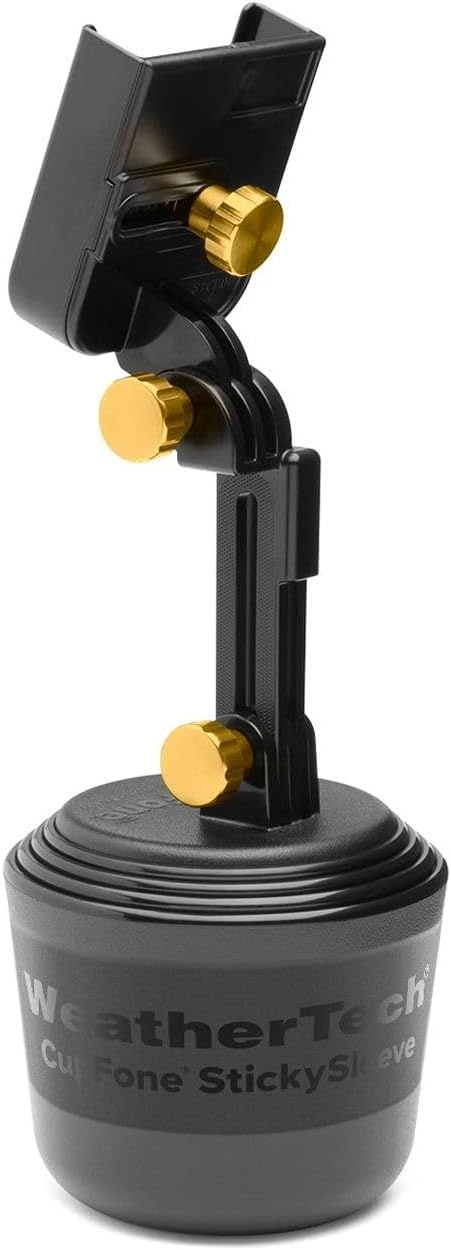 image:imageWeatherTech CupFone Universal Cup Holder Phone Mount for Cars Adjustable amp Secure Fit with Open Access for Charging Compatible with iPhone Android BlackGold Billet Knobs