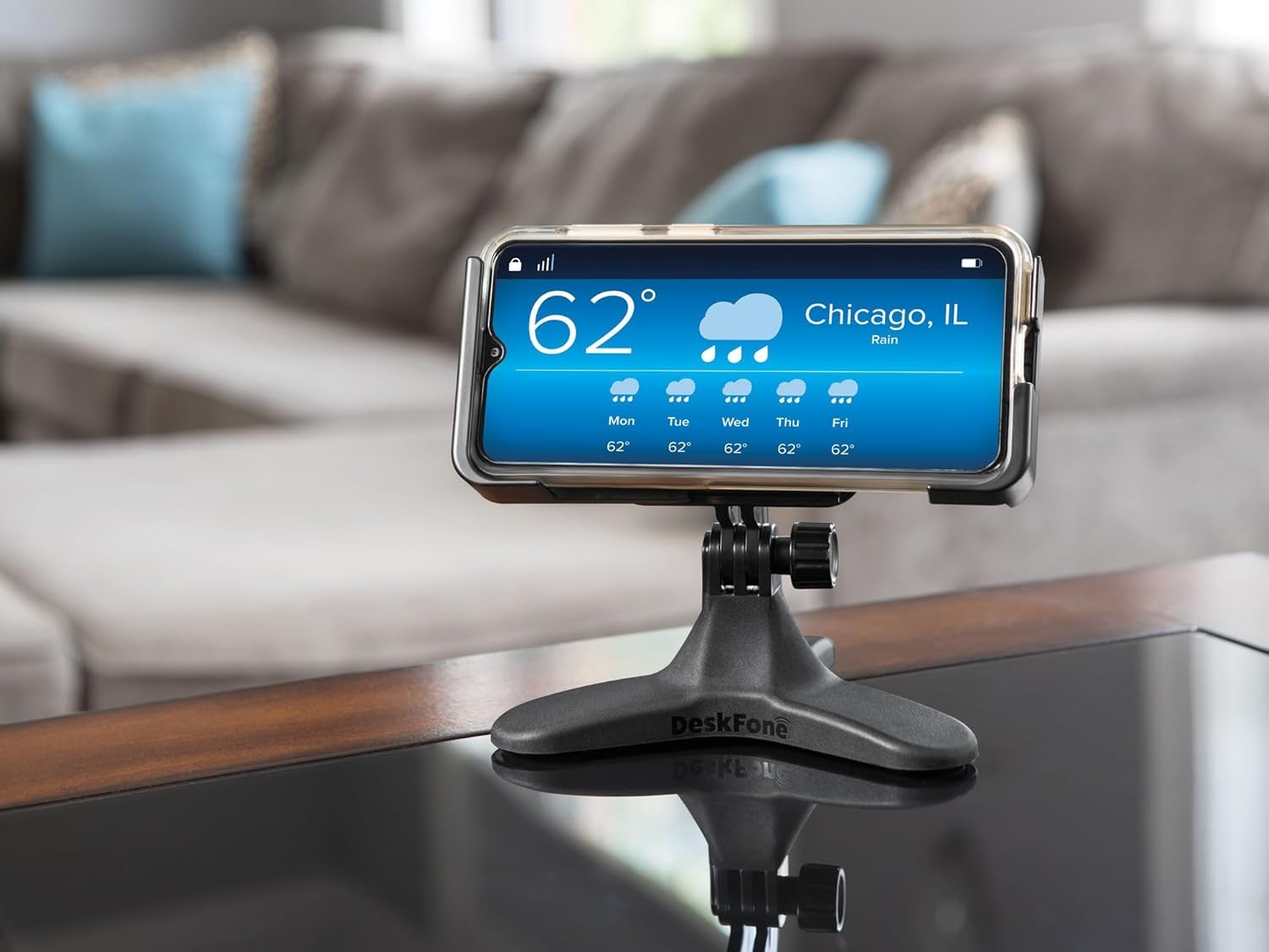 image:imageWeatherTech DeskFone Two View Universal Phone Holder for Flat Surfaces Office Kitchen Nightstand Black Plastic KnobsGraphite Metal Knobs