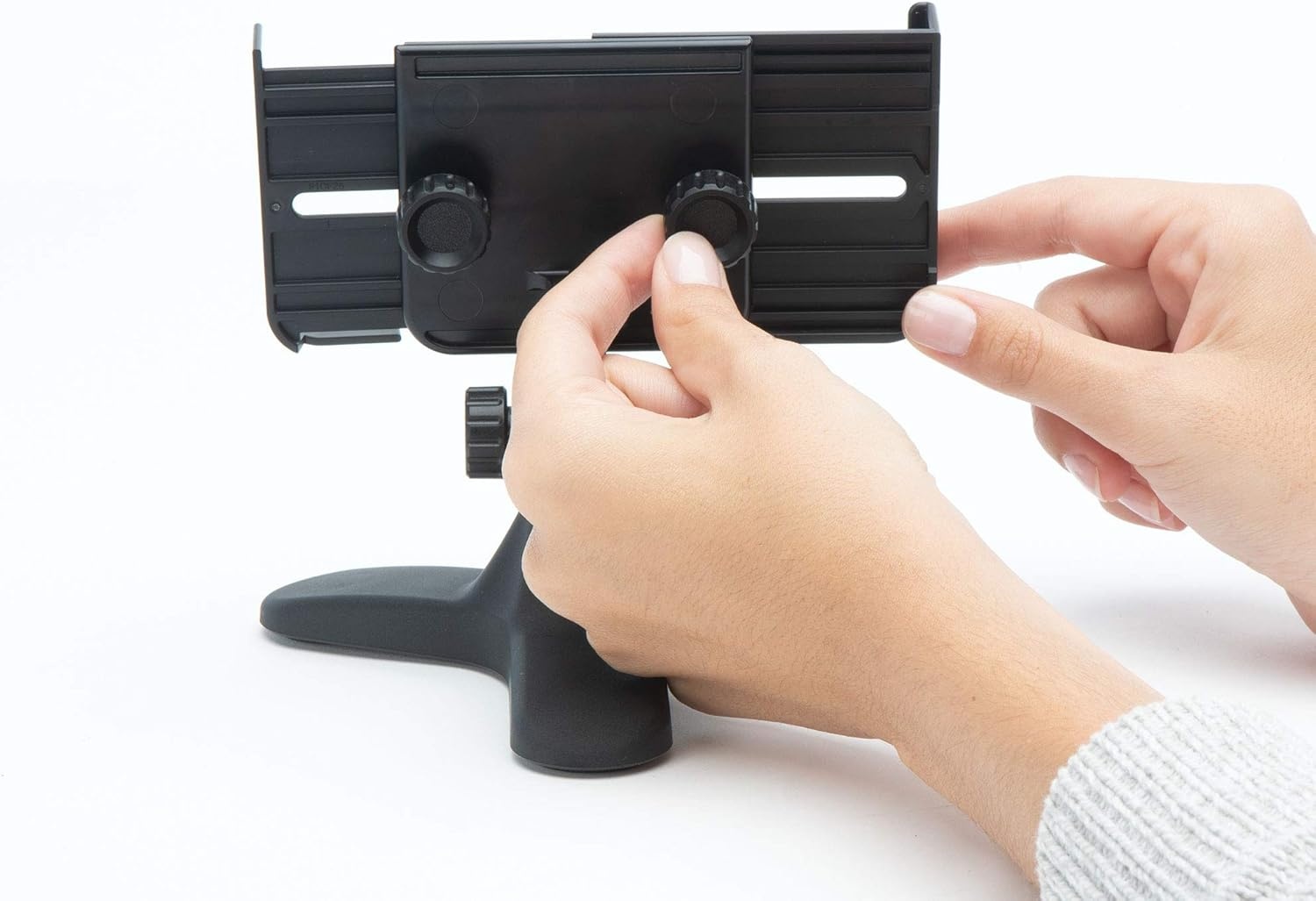 image:imageWeatherTech DeskFone Two View Universal Phone Holder for Flat Surfaces Office Kitchen Nightstand Black Plastic KnobsRose Gold Metal Knobs