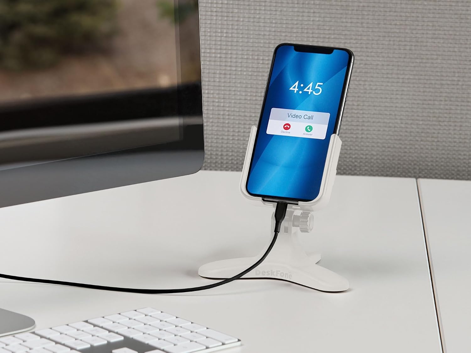 image:imageWeatherTech DeskFone Two View in White Adjustable Universal Cell Phone Holder Mount Stand for Desk Counter Table Tripod Design for iPhone amp Smartphone Charging White Plastic KnobsGraphite Metal Knobs