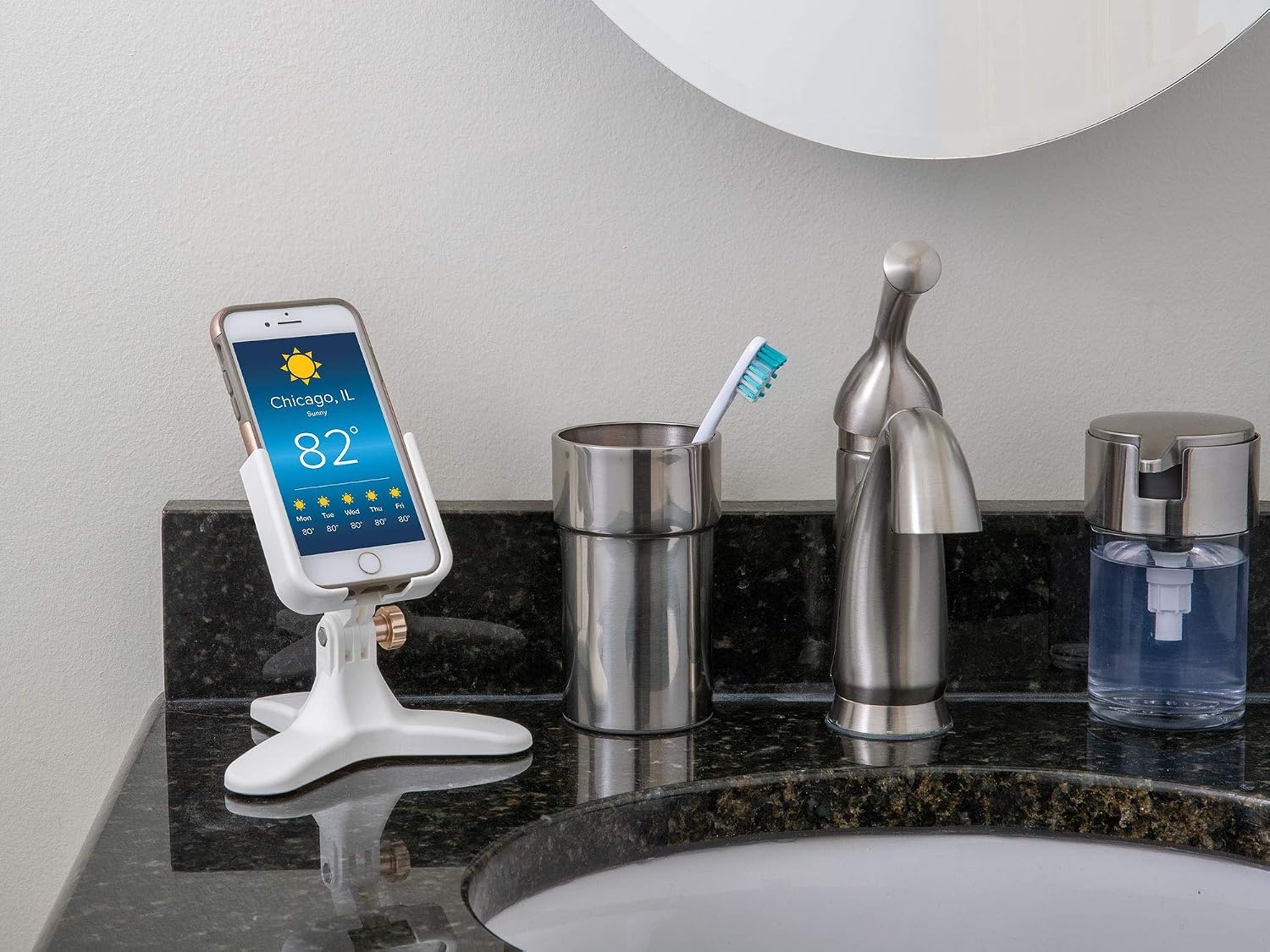 image:imageWeatherTech DeskFone in White Adjustable Universal Cell Phone Holder Mount Stand for Desk Counter Table Tripod Design for iPhone amp Smartphone Charging Plastic KnobsGold Metal Knobs