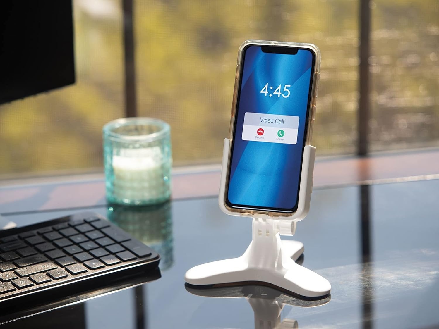 image:imageWeatherTech DeskFone in White Adjustable Universal Cell Phone Holder Mount Stand for Desk Counter Table Tripod Design for iPhone amp Smartphone Charging Plastic KnobsGold Metal Knobs