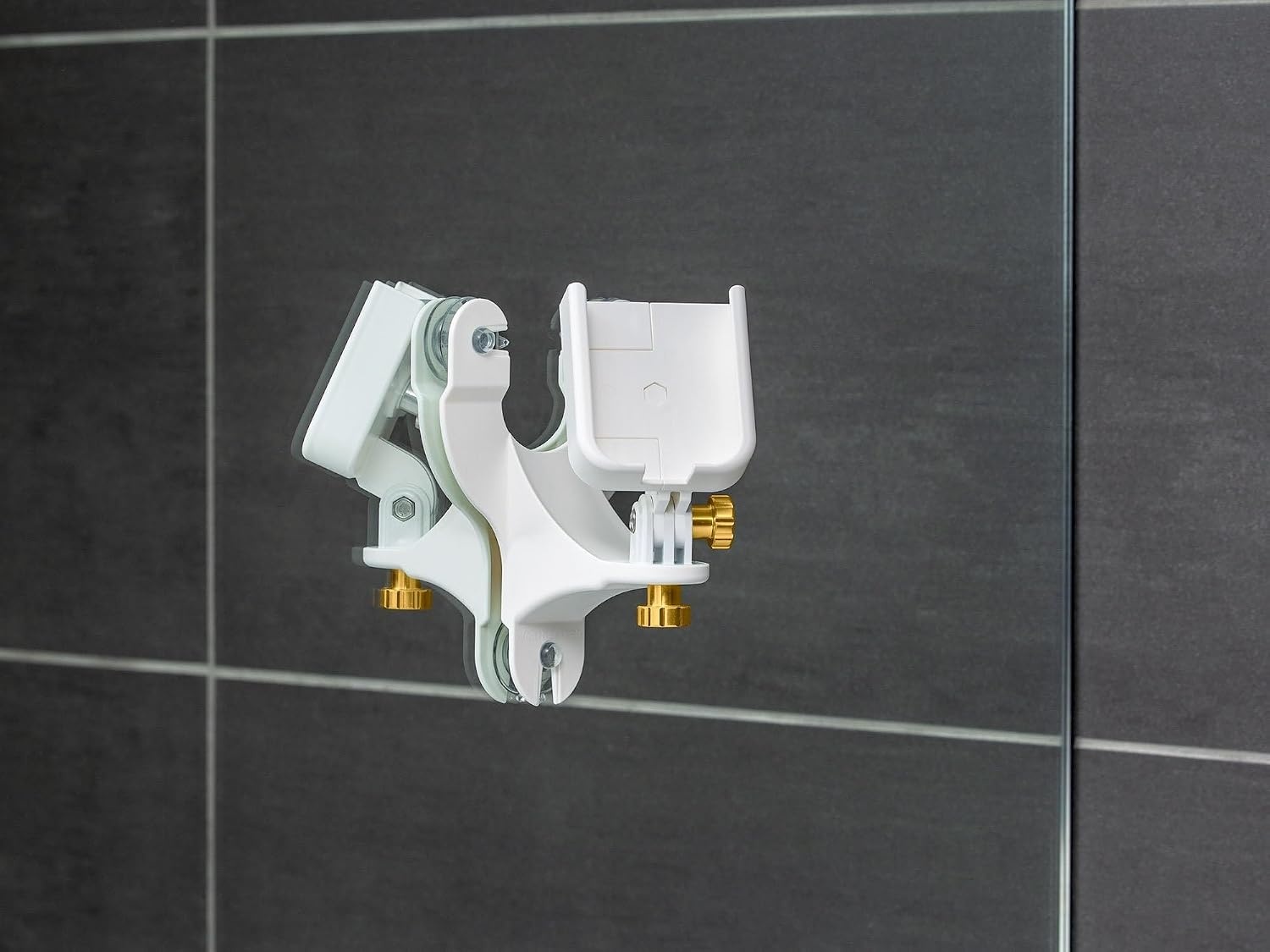 image:imageWeatherTech Rotating MirrorFone White with White Plastic Knobs Phone Holder Mount for Bathroom Kitchen Shower Mirror Tile 8ARM2WHGold Billet Knobs