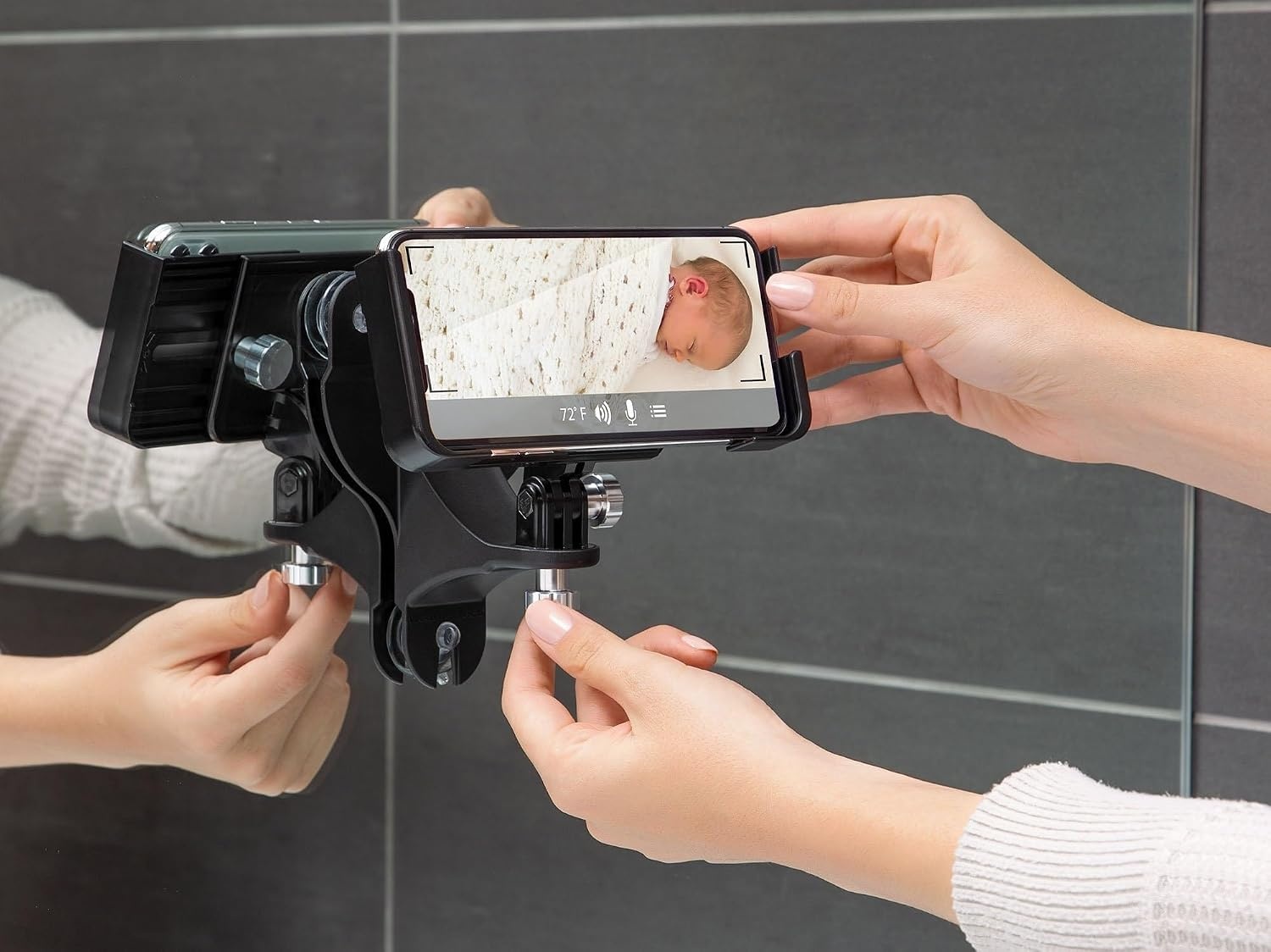 image:imageWeatherTech Rotating MirrorFone White with White Plastic Knobs Phone Holder Mount for Bathroom Kitchen Shower Mirror Tile 8ARM2WHGold Billet Knobs