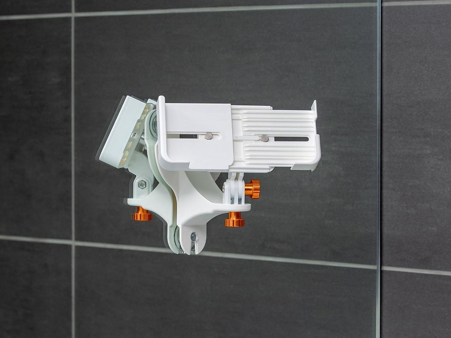 image:imageWeatherTech Rotating MirrorFone White with White Plastic Knobs Phone Holder Mount for Bathroom Kitchen Shower Mirror Tile 8ARM2WHOrange Billet Knobs