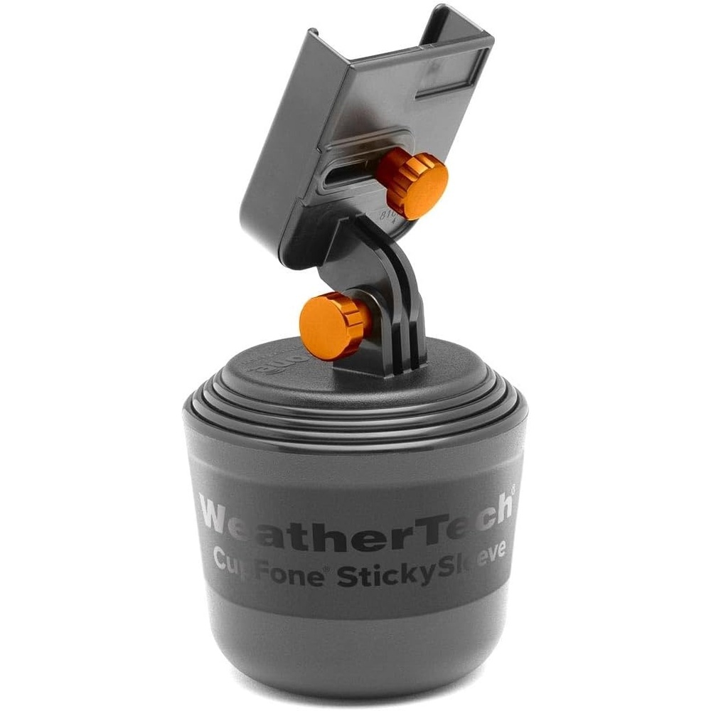 image:imageWeatherTech CupFone Universal Cup Holder Phone Mount for Cars  Adjustable amp Secure Fit with Open Access for Charging  Compatible with iPhone Android  BlackOrange Billet Knobs