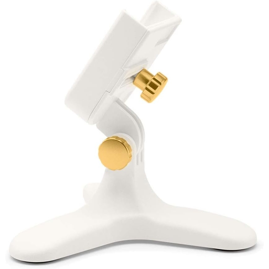 image:imageWeatherTech DeskFone in White  Adjustable Universal Cell Phone Holder Mount Stand for Desk Counter Table  Tripod Design for iPhone amp Smartphone Charging  Plastic KnobsGold Metal Knobs